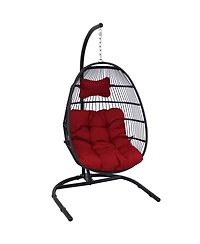 Outdoor Resin Wicker Patio Julia Hanging Basket Egg Chair Swing with Cushions, Headrest, and Steel Stand Set - 3pc