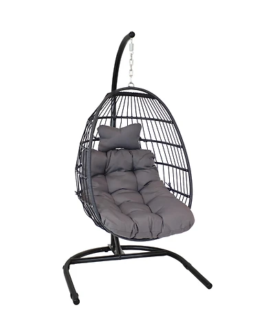Outdoor Resin Wicker Patio Julia Hanging Basket Egg Chair Swing with Cushions, Headrest, and Steel Stand Set - 3pc