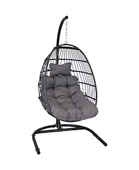 Outdoor Resin Wicker Patio Julia Hanging Basket Egg Chair Swing with Cushions, Headrest, and Steel Stand Set - 3pc