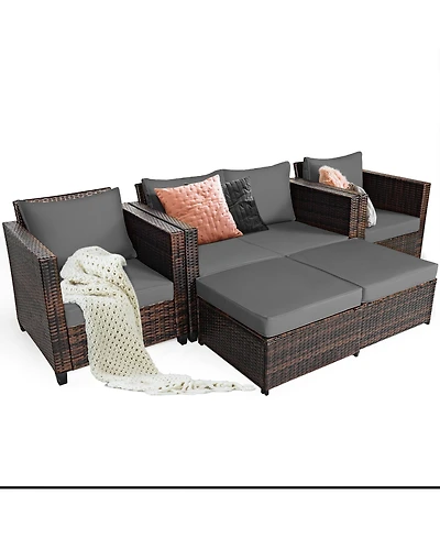 5PCS Patio Rattan Furniture Set Loveseat Sofa Ottoman Cushioned