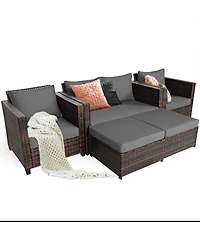 5PCS Patio Rattan Furniture Set Loveseat Sofa Ottoman Cushioned