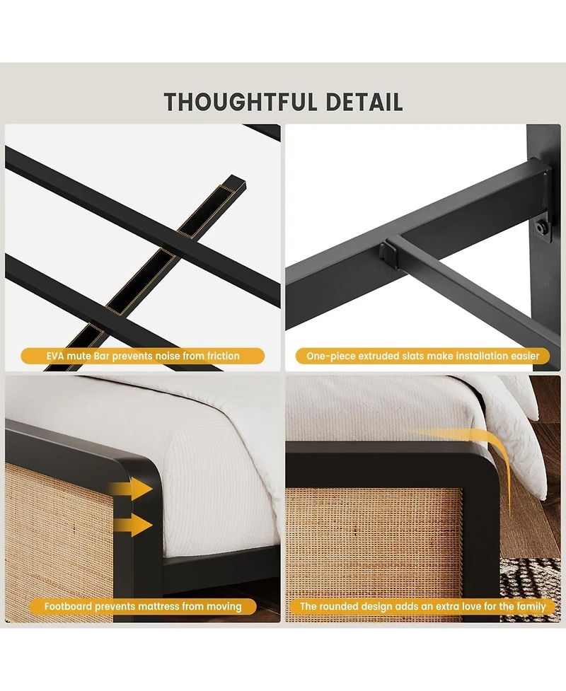 gaomon Metal Platform Bed Frame Natural Rattan Headboard, Bohemian Mattress Foundation With Strong Slats Support, No Box Spring Needed