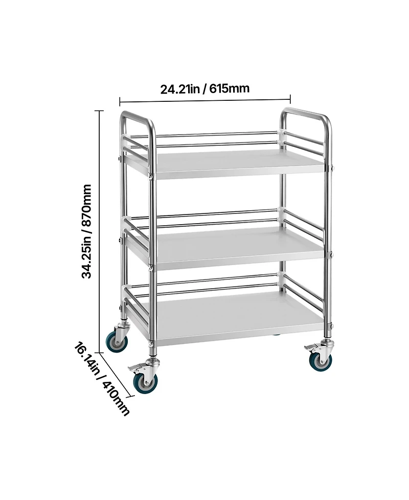 Rainsken Stainless Steel Rolling Cart, 3-Tier Metal Utility Cart with Lockable Wheels for Hospital, Restaurant, Kitchen, Salon