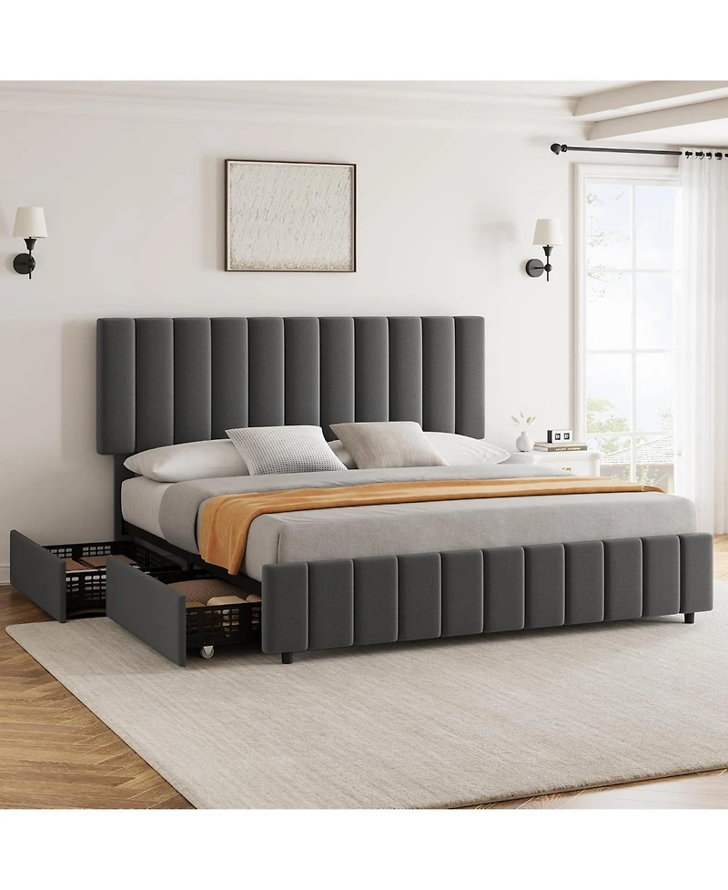 gaomon Linen Upholstered Platform Bed Frame with 4 Storage Drawers, Adjustable Headboard, Wooden Slats Support, No Box Spring Needed.