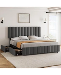 gaomon Linen Upholstered Platform Bed Frame with 4 Storage Drawers, Adjustable Headboard, Wooden Slats Support, No Box Spring Needed.