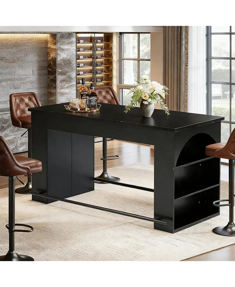 Tribesigns 63-Inch Bar Table with Metal Footrest, Industrial Kitchen Pub Table with 3-Tier Storage Legs on Both Sides