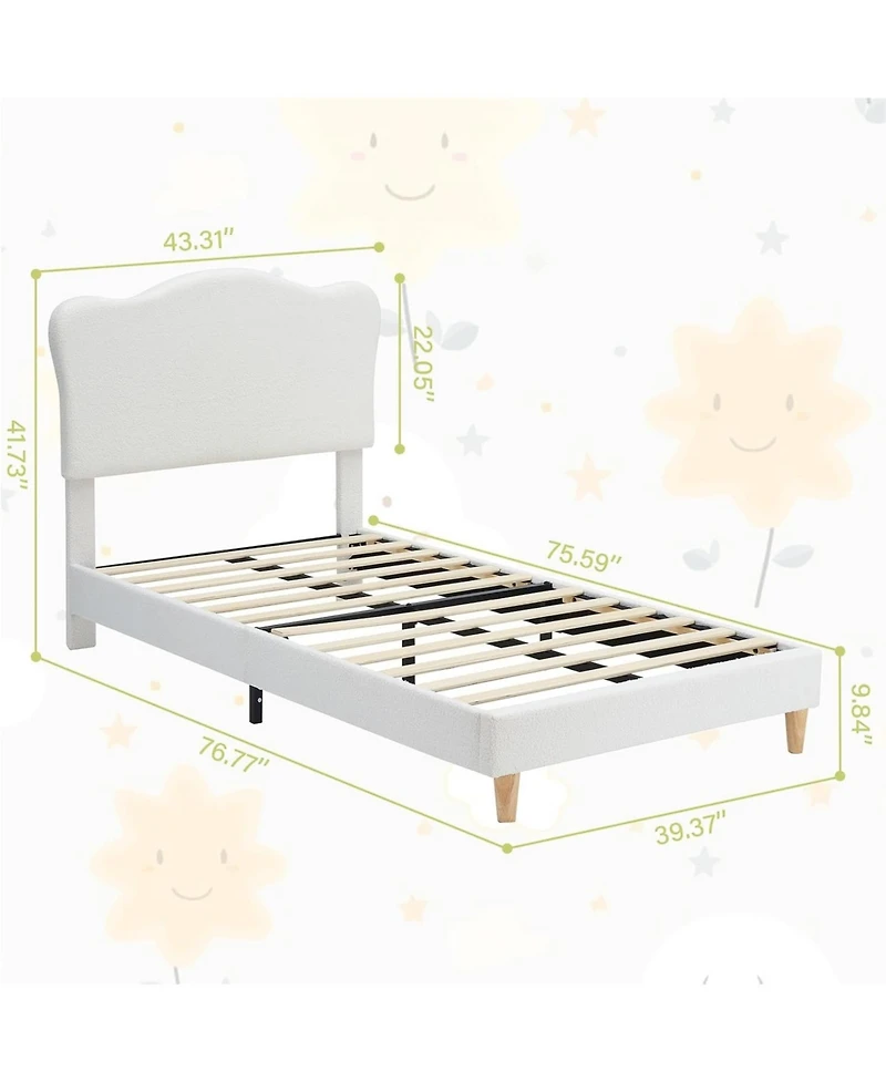 gaomon Elegant Upholstered Platform Bed Frame for Kids Girls – Boucle Soft Headboard, Plain Wood Slats, No Box Spring Needed