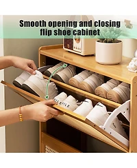 Rainsken Bamboo Shoe Storage Cabinet, Freestanding Shoe Rack with 3 Rattan Flip Drawers and Coat Hooks for Entryway, Hallway, Closet, Living Room