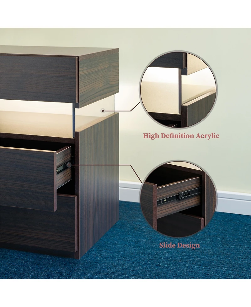 Rainsken Led Nightstands with 3 Storage Drawers, Modern Bedside Tables with Acrylic Board Led Lights