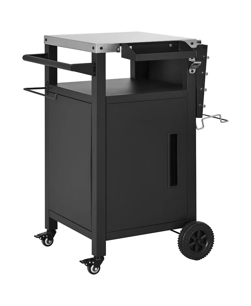 Rainsken 33.9" Outdoor Grill Cart with Drop Leaf, Metal Bar Cart with Wheels, Stainless Steel Top, Storage Cabinet, Spice and Paper Rack for Bbq