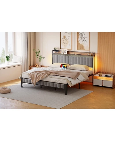 Gaomon Full Bed Frame Storage Headboard Led Platform Charging Station Easy Assembly No Box Spring