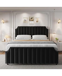 gaomon Queen Metal Platform Bed Frame Velvet Upholstery Nailhead Trim Tall Headboard Wooden Slats Noise-Free