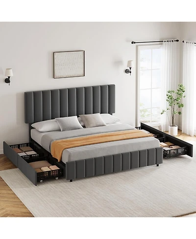 gaomon Linen Upholstered Bed Frame with 4 Storage Drawers, Adjustable Headboard, Sturdy Wooden Slats, No Box Spring Required, Easy Assembly