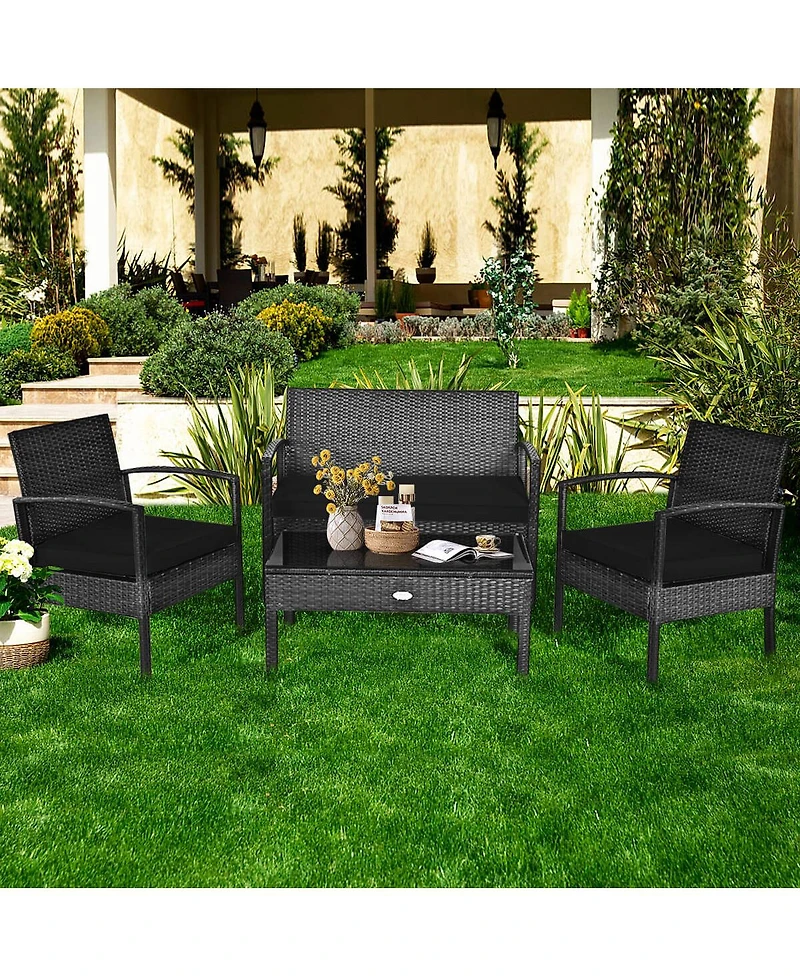 Costway 4 Pieces Outdoor Patio Rattan Furniture Set Cushioned Sofa Coffee Table Garden Deck