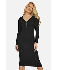 Yumi Women's Ribbed Zip-Neckline Fitted Midi Dress