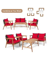 Gymax 8PCS Patio Conversation Set Wood Frame Furniture Set w/ Red Cushions