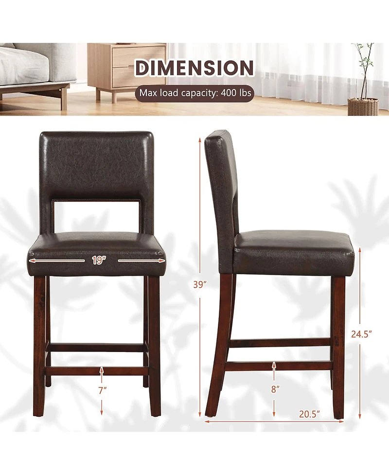 Gymax 4-Piece Pvc Leather Counter Height Bar Stool Set w/ Back and Rubber Wood Legs