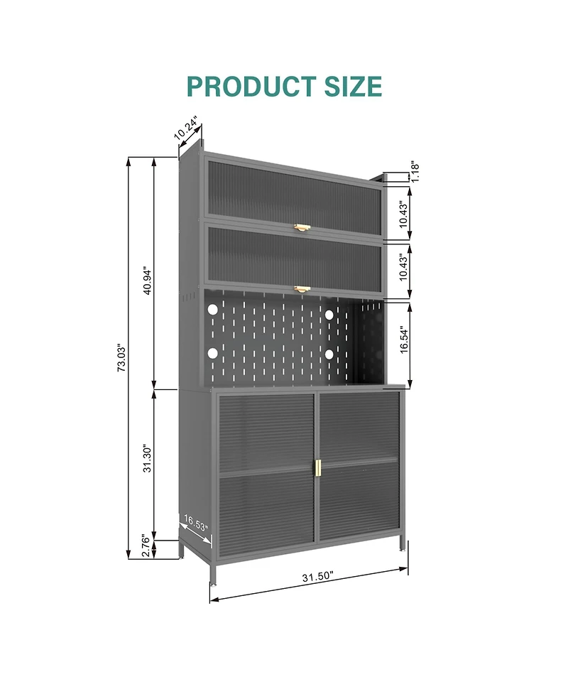 Rainsken 6-Tier Pantry Cabinet with Flip Door and Pegboard, Freestanding Kitchen Hutch with Adjustable Shelves for Dining Room