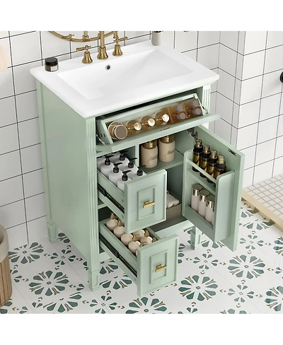 Sillysis Bathroom Vanity with Sink, Freestanding Solid Wood & Mdf Cabinet, Flip Drawer & Adjustable Shelf for Storage
