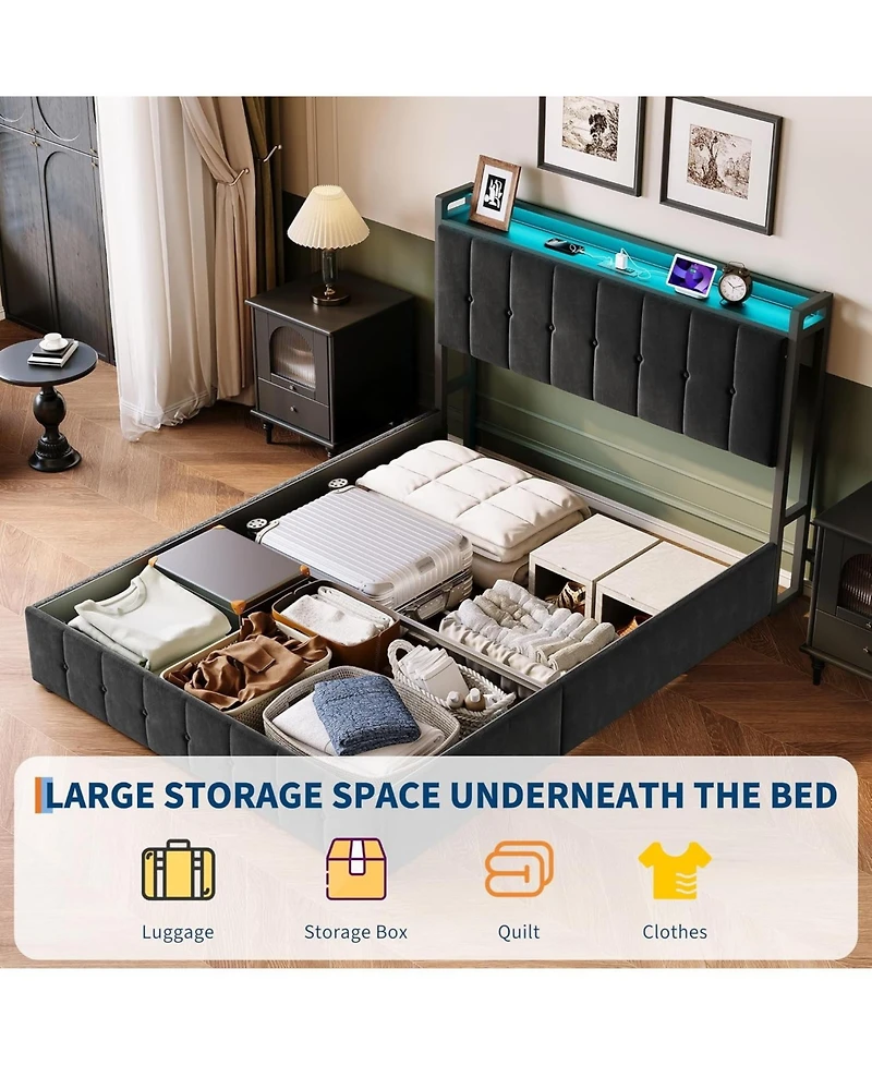 gaomon Full Bed Frame Lift-Up Storage Led Lights Upholstered Velvet Charging Headboard Metal Frame No Box Spring