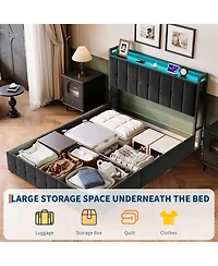 gaomon Full Bed Frame Lift-Up Storage Led Lights Upholstered Velvet Charging Headboard Metal Frame No Box Spring