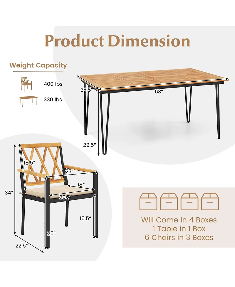 Gymax 7 Pcs Patio Dining Set With 2'' Umbrella Hole and Seat Cushions for Garden