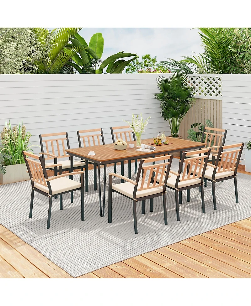 Gymax 9 Pcs Patio Dining Set w/ Rectangular Acacia Wood Dining Table 8 Cushioned Chairs