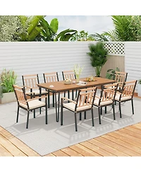 Gymax 9 Pcs Patio Dining Set w/ Rectangular Acacia Wood Dining Table 8 Cushioned Chairs