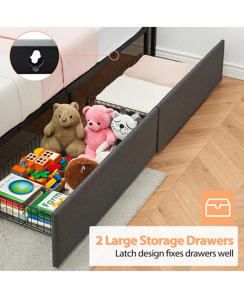 gaomon Twin Bed Frame 2 Storage Drawers Charging Station Linen Upholstered Platform Headboard Noise Free No Box Spring