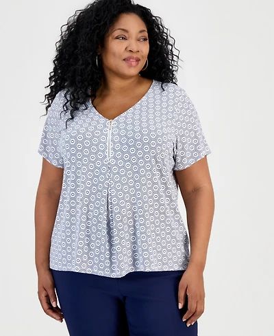 Jm Collection Plus Simple Tiles V-Neck Zipper Top, Macy's Exclusive