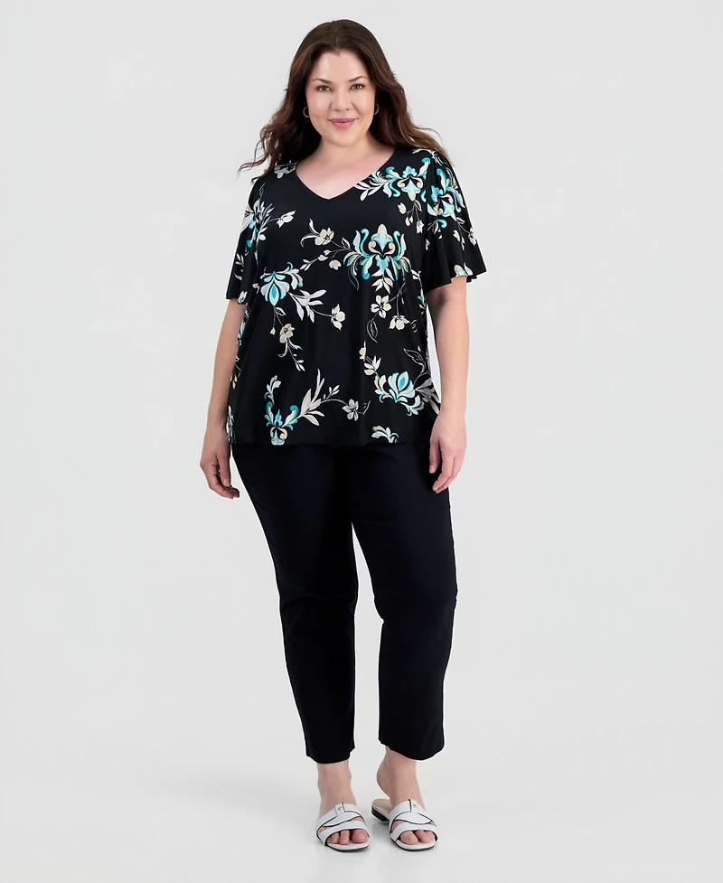 Jm Collection Plus Tossed Floral V-Neck Flutter-Sleeve Top, Macy's Exclusive