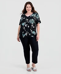 Jm Collection Plus Tossed Floral V-Neck Flutter-Sleeve Top, Macy's Exclusive