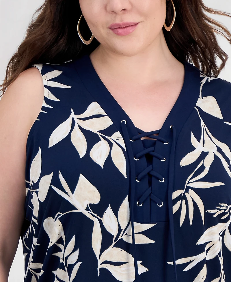 Jm Collection Plus Printed Lace-Up Sleeveless Top, Macy's Exclusive