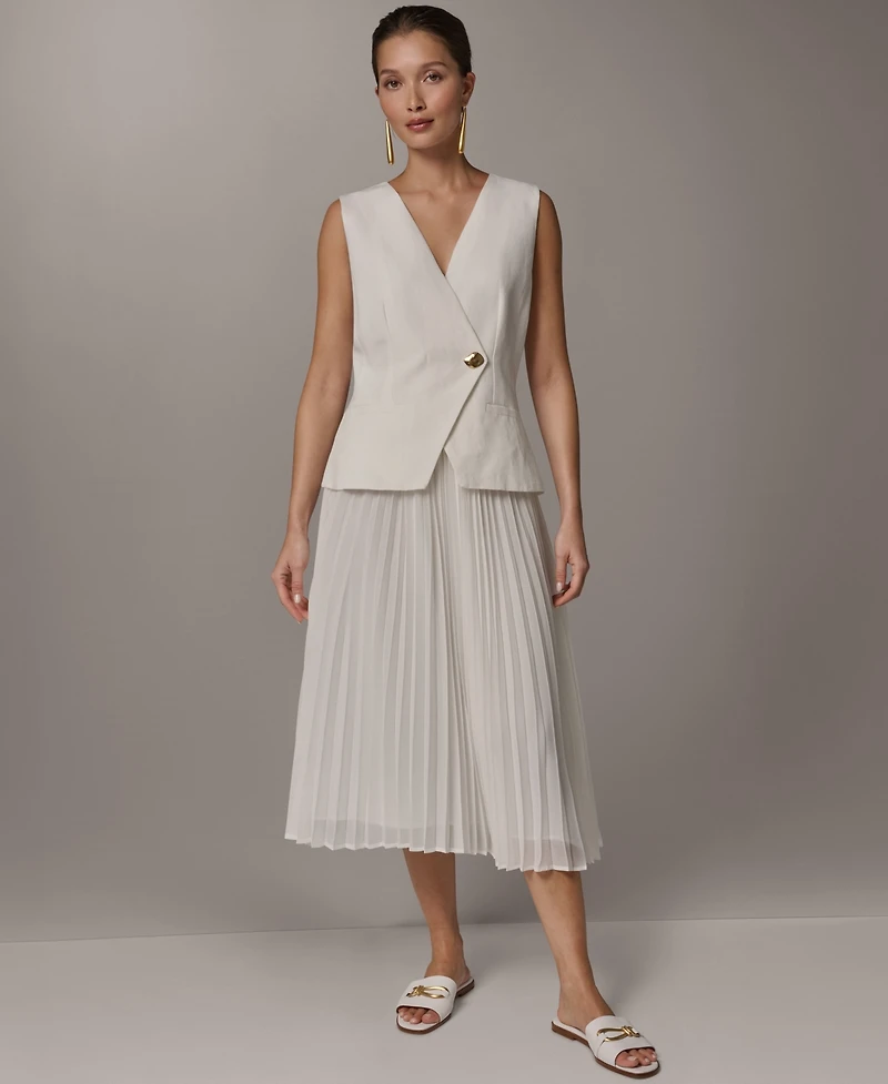 Donna Karan New York Women's Sleeveless V-Neck Vest and Pleated Skirt, 2-Piece Set Dress