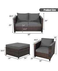 5PCS Patio Rattan Furniture Set Loveseat Sofa Ottoman Cushioned
