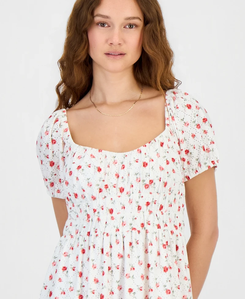Kingston Grey Juniors' Floral Print Eyelet Puff-Sleeve Mini Dress