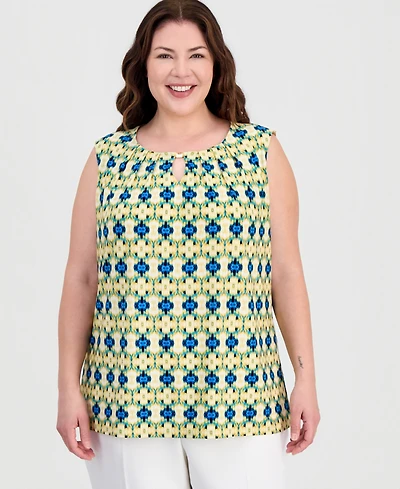 Kasper Plus Printed Pleat-Neck Sleeveless Top