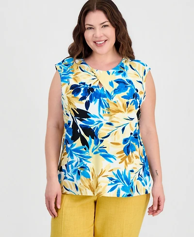 Kasper Plus Extended-Shoulder Floral-Print Top