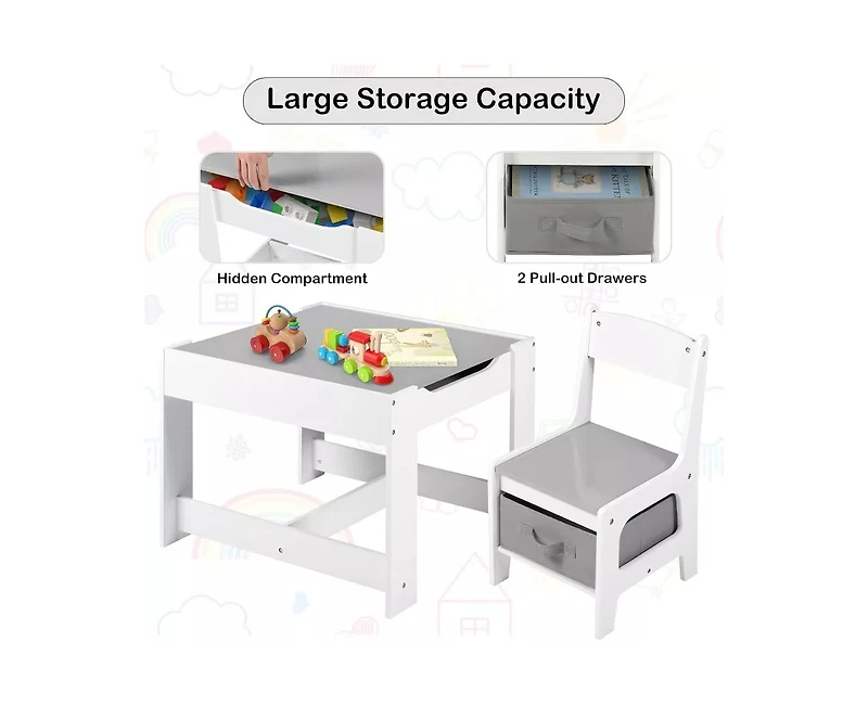 Kinder King 3-in-1 Kids Table with 2 Chairs, Storage and Removable Chalkboard Top