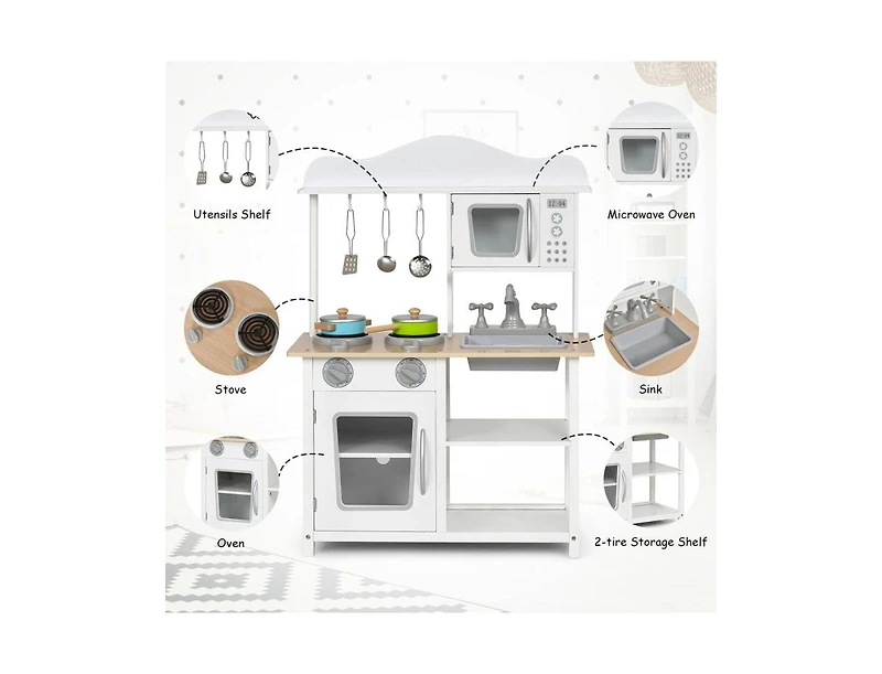Wooden Pretend Play Kitchen Set for Kids with Accessories and Sink
