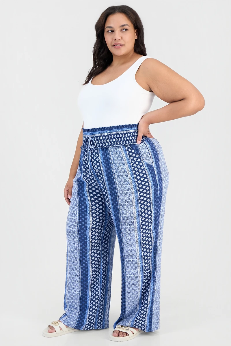 Kingston Grey Trendy Plus Printed Smocked-Waist Wide-Leg Pants