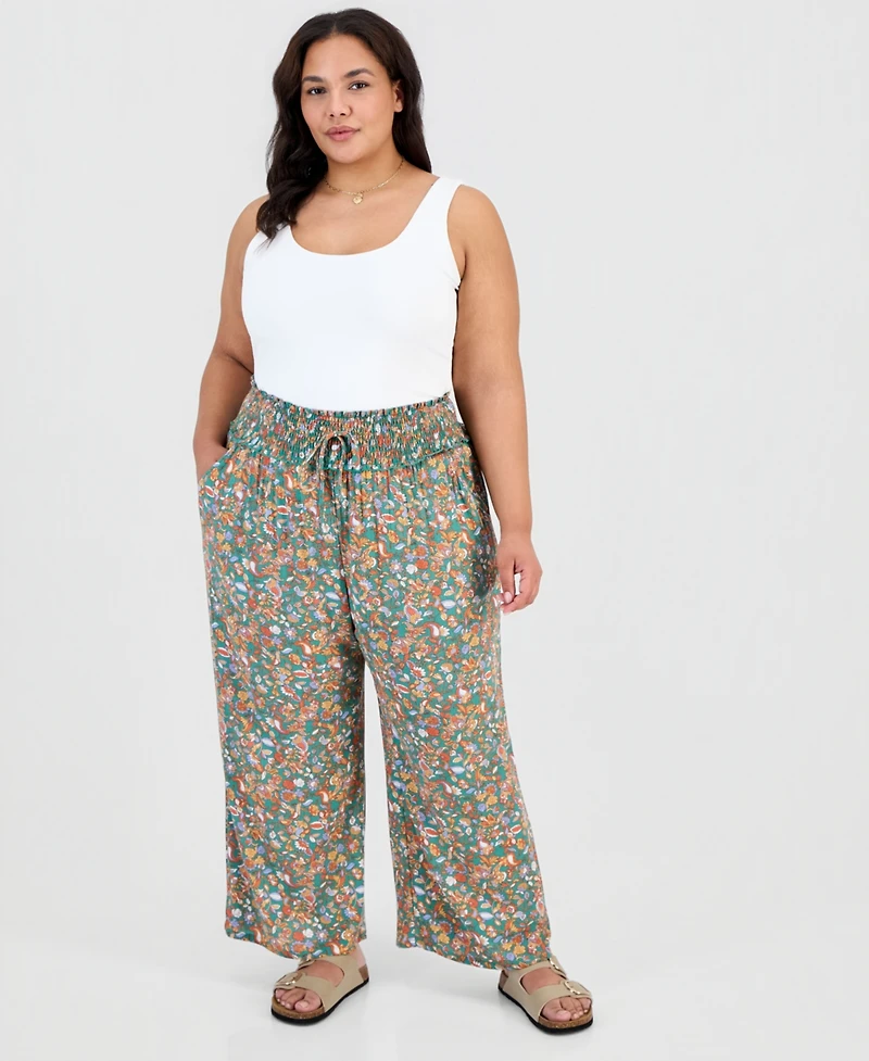 Kingston Grey Trendy Plus Printed Smocked-Waist Wide-Leg Pants