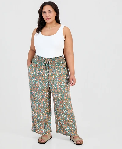Kingston Grey Trendy Plus Printed Smocked-Waist Wide-Leg Pants