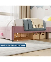 gaomon Twin Upholstered Bed Frame 2 Storage Drawers Velvet Princess Platform Double Wavy Headboard Wood Slats No Box Spring