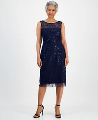 Connected Petite Sequin Rosette Mesh Sleeveless Sheath Dress