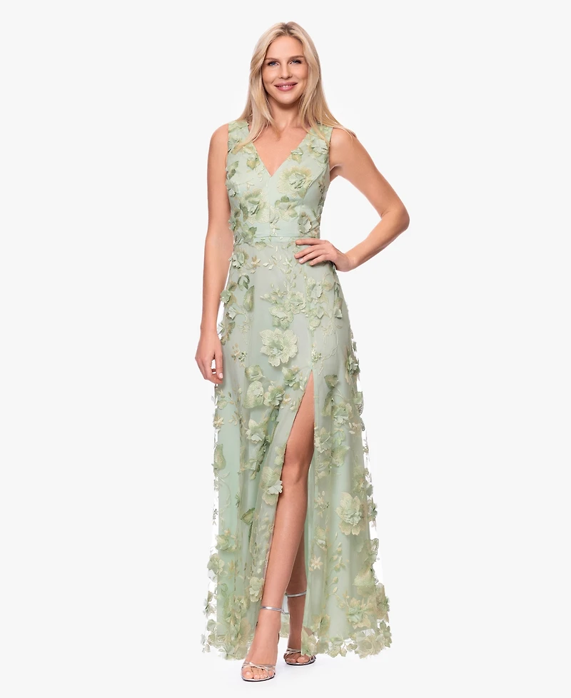 Xscape Women's V-Neck 3D Embroidered Gown