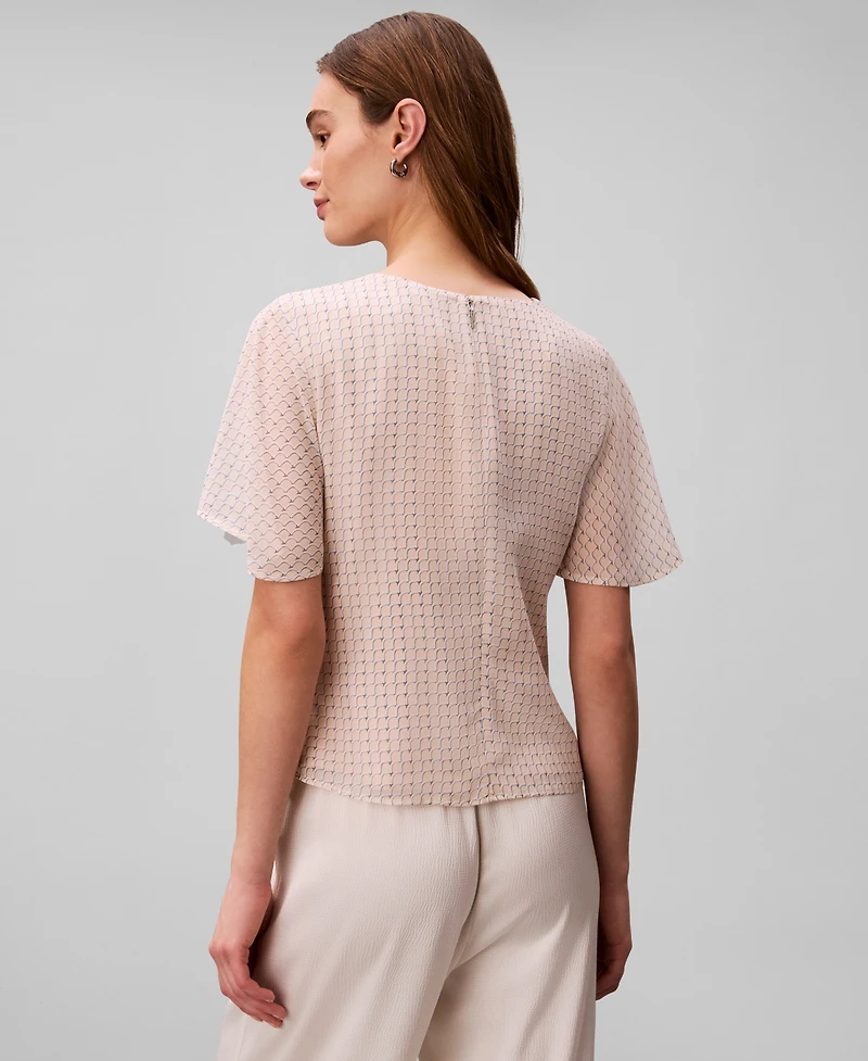 Calvin Klein Women's Printed Flutter-Sleeve Crewneck Top