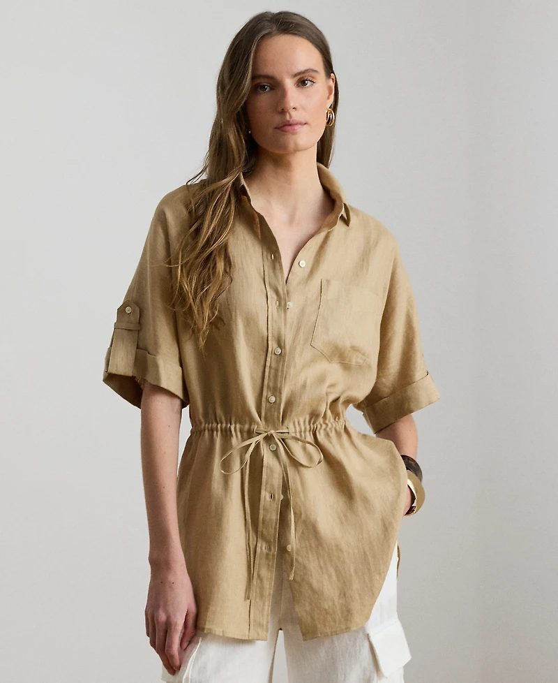 Lauren Ralph Petite Linen Drawcord-Waist Collared Tunic Top