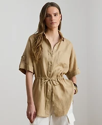 Lauren Ralph Petite Linen Drawcord-Waist Collared Tunic Top
