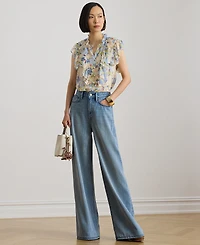 Lauren Ralph Petite Floral-Print Ruffle Band Collar Georgette Top